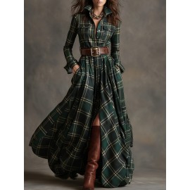Large Size Women'S New Retro Plaid Casual Flip Tie Belt Dress | SCACTO Peplum Style with Medium Stretch Fabric, Lapel Collar, Ideal for Fall/Winter