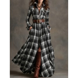 Large Size Women'S New Retro Plaid Casual Flip Tie Belt Dress | SCACTO Peplum Style with Medium Stretch Fabric, Lapel Collar, Ideal for Fall/Winter