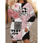 Women'S Plus Size Black & Pink Floral Print Sweater Dress - All-Season Machine Washable Long Sleeve Sweater with A-Line Silhouette, Soft Comfortable Pullover for Everyday & Formal Outfits, Casual to Semi-Formal Wear, Cozy Fall Winter Sweater Dress (