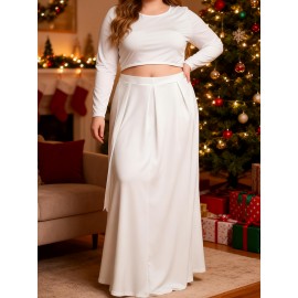 Plus Size Maxi Dress with Cutout Waist & Tie Front - Elegant Long Sleeve Wrap Front Evening Gown, Fit and Flare -Line Dress Suitable for Weddings, Parties, Prom - Solid Color Dress with Crew Neck & Slight Stretch Fabric