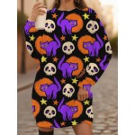 Plus Size Women's Oversized Long Sleeve Sweatshirt - 3D All-Over Print Black & Purple Cat & Skull Costume Design (Pink Paws/White Eyes) - Cozy Winter Warm Pullover for Halloween Party Outfit, Casual Fall Sweater