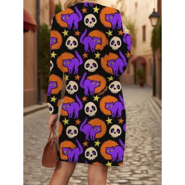 Plus Size Women's Oversized Long Sleeve Sweatshirt - 3D All-Over Print Black & Purple Cat & Skull Costume Design (Pink Paws/White Eyes) - Cozy Winter Warm Pullover for Halloween Party Outfit, Casual Fall Sweater