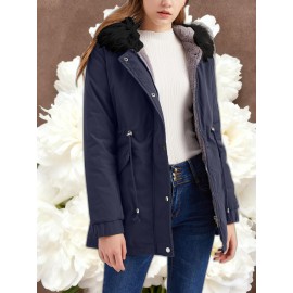 Women'S Solid Color Mid Length Hooded Winter Warm Plus Fleece Coat | Plus Size XL-5XL Windbreakers for Female, Casual Style with Zipper Front, Long Sleeve, Hooded, Non-Stretch Fabric for Outdoor Travel, Commuting, Everyday Jackets, Parka, Cardigan