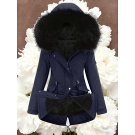 Women'S Solid Color Mid Length Hooded Winter Warm Plus Fleece Coat | Plus Size XL-5XL Windbreakers for Female, Casual Style with Zipper Front, Long Sleeve, Hooded, Non-Stretch Fabric for Outdoor Travel, Commuting, Everyday Jackets, Parka, Cardigan