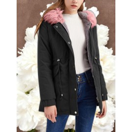 Women'S Solid Color Mid Length Hooded Winter Warm Plus Fleece Coat | Plus Size XL-5XL Windbreakers for Female, Casual Style with Zipper Front, Long Sleeve, Hooded, Non-Stretch Fabric for Outdoor Travel, Commuting, Everyday Jackets, Parka, Cardigan