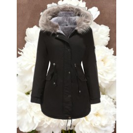 Women'S Solid Color Mid Length Hooded Winter Warm Plus Fleece Coat | Plus Size XL-5XL Windbreakers for Female, Casual Style with Zipper Front, Long Sleeve, Hooded, Non-Stretch Fabric for Outdoor Travel, Commuting, Everyday Jackets, Parka, Cardigan