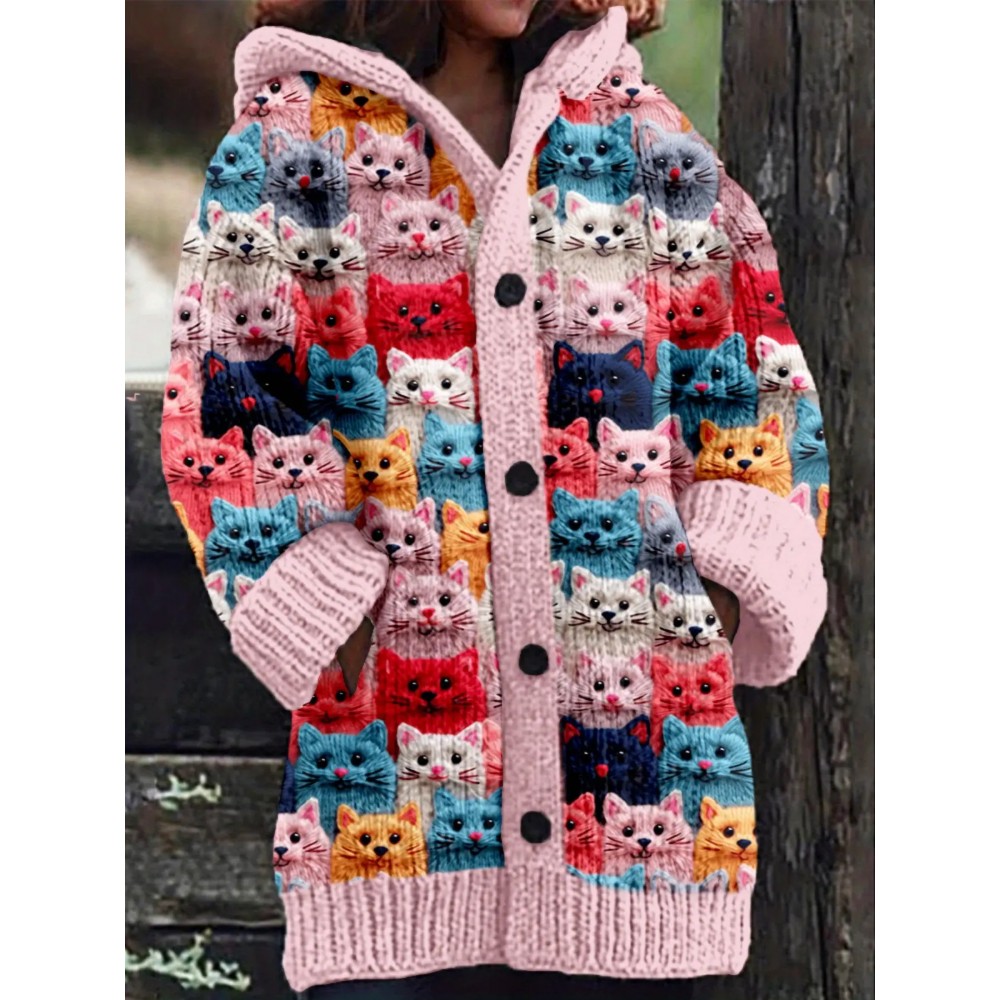 Winter Women's Hooded Sweater Digital Print Long Sleeve Street Fashion Casual Button Front Trendy Pullover Comfortable Fit