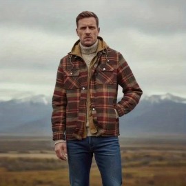 Men'S Heavyweight Thermal Insulated Hooded Jacket - Winter Coat with Full-Zip Closure, Relaxed Fit Plaid Outerwear, Full-Zip Front, & Warm Insulation for Cold Weather, Casual & Formal Outfits (Brown/Red/Tan) - Ideal for Everyday & Formal Events