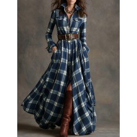 Large Size Women'S New Retro Plaid Casual Flip Tie Belt Dress | SCACTO Peplum Style with Medium Stretch Fabric, Lapel Collar, Ideal for Fall/Winter