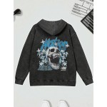 Men's Heavyweight 400gsm Washable Cotton Hoodie - Y2K Gothic Streetwear Sweatshirt with Skull & Chains Print, Grey/Black Oversized Pocket Pullover, Machine Washable Long Sleeve Hooded Sweater for Spring/Fall Casual Wear